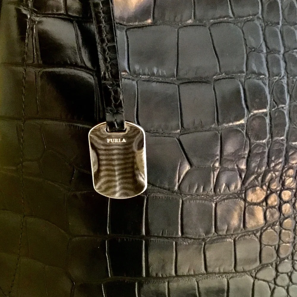 Furla Onyx Black Leather Embossed Croc Tote Bag